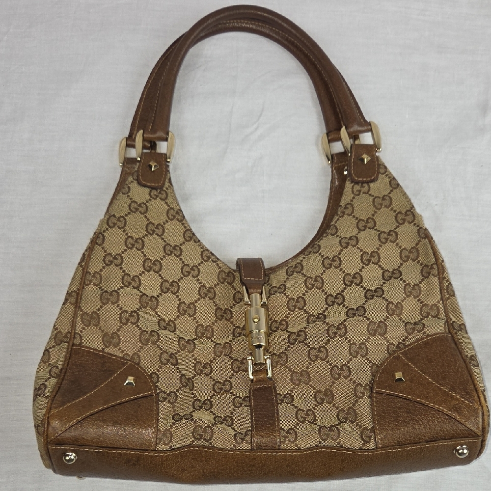 GUCCI Jackie Bardot GG Nailhead Brown And Tan W/ Gold Hardware Classic Monogram